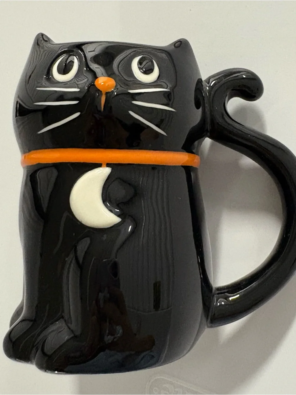Black Cat Ceramic Mug with Orange Collar and White Moon Accent Halloween decor